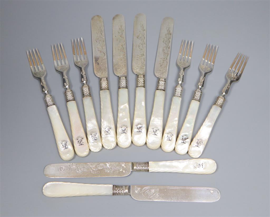 Six pairs of mother of pearl handled silver dessert eaters, Henry Wilkinson & Co, London, 1866,